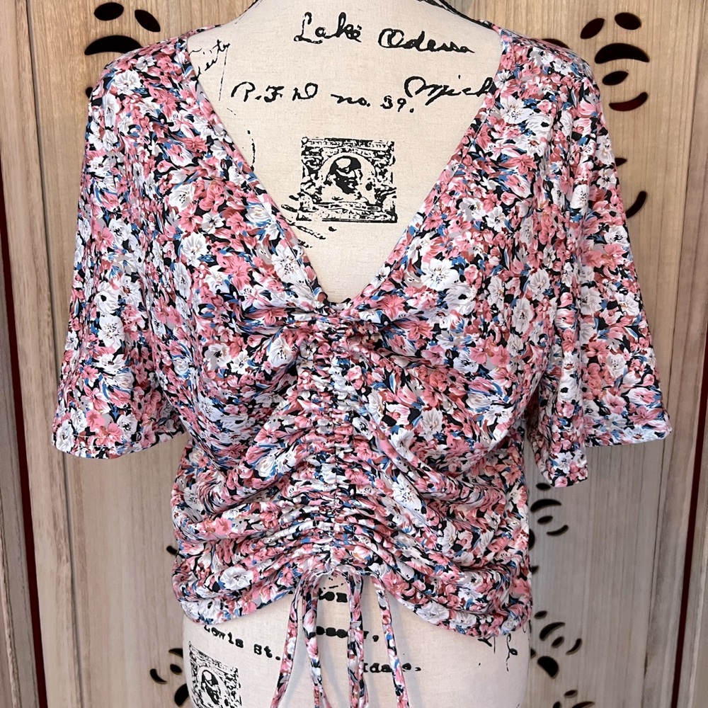 Multicolored Floral Wide Short Sleeve Deep V Top